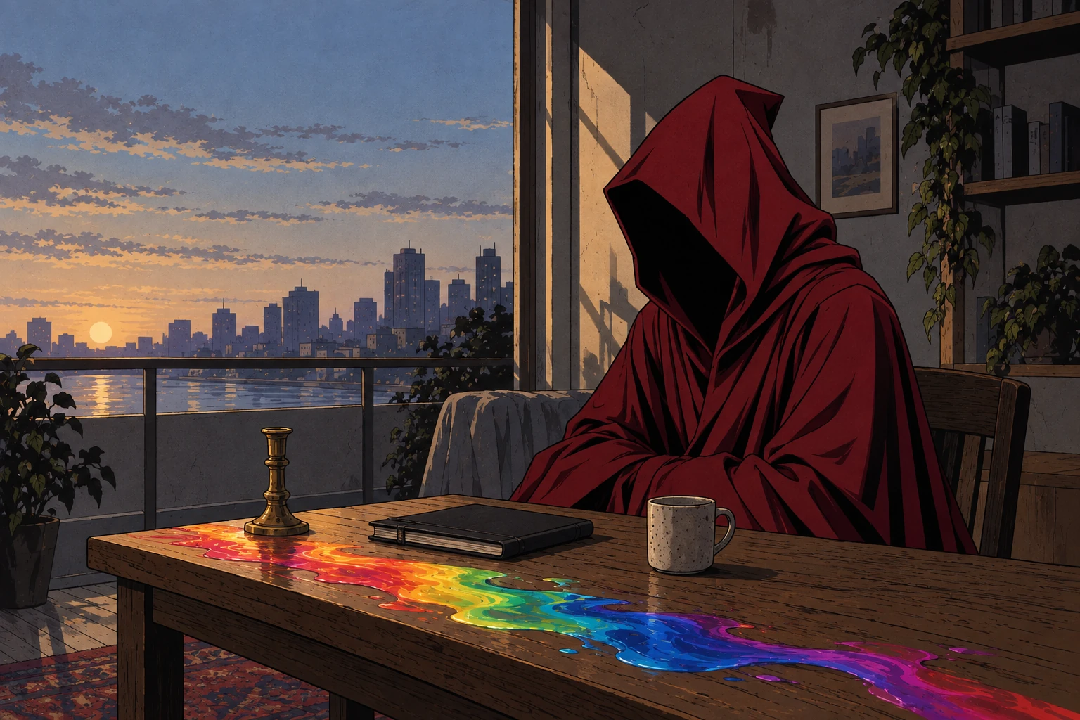 The Red Mage at an apartment table with Liquid Rainbow Light flowing beside a notebook