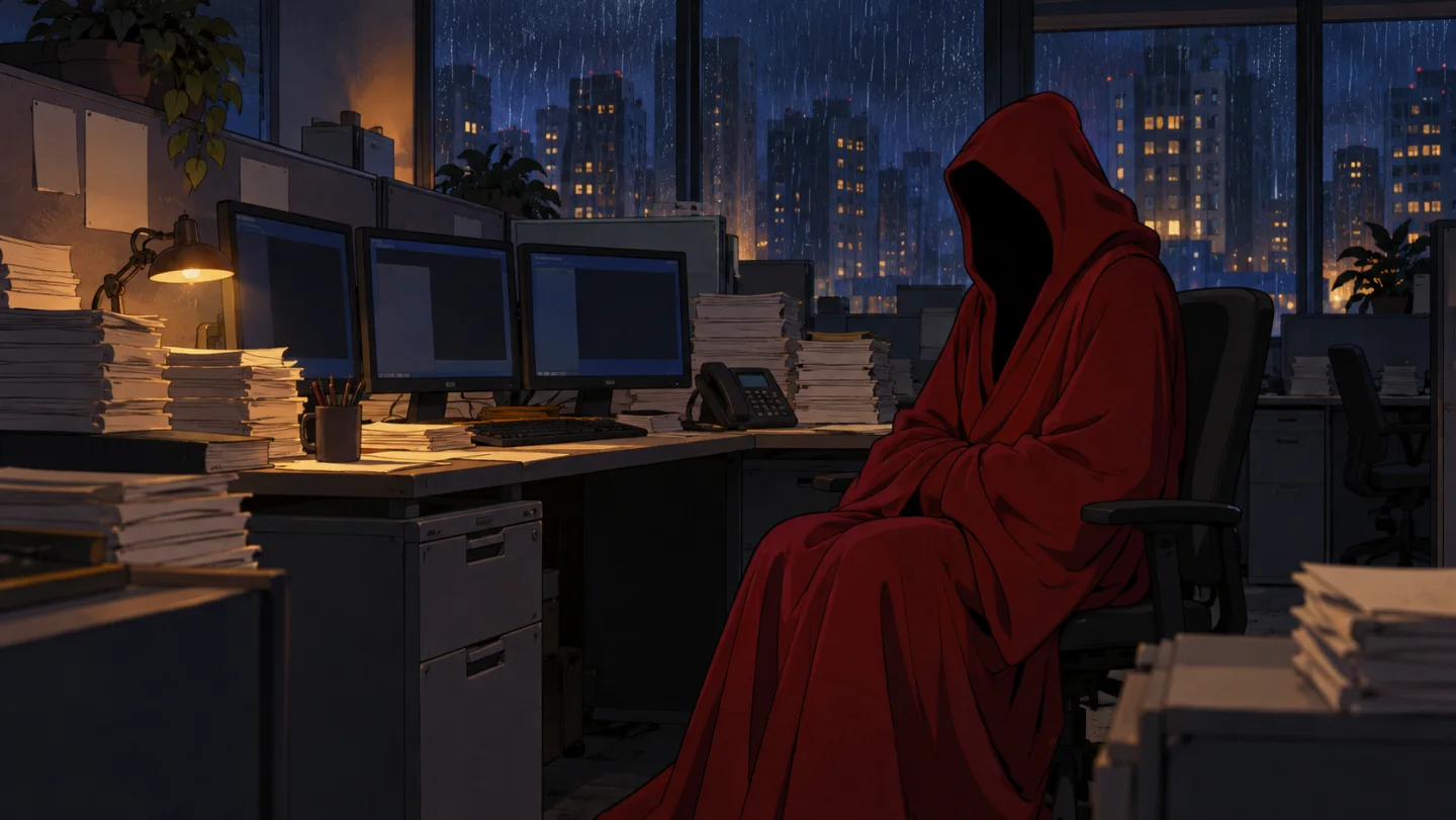 The faceless Red Mage sits within a rain-darkened office crowded by screens and paper.